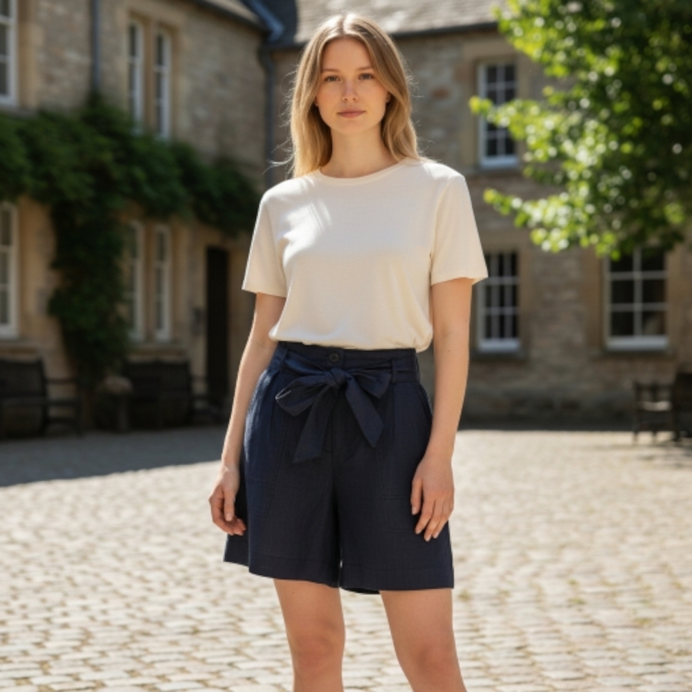 Lauren Ralph Lauren 100% Linen High Waisted Bow Tie Navy‎ Blue Short 8 NWT